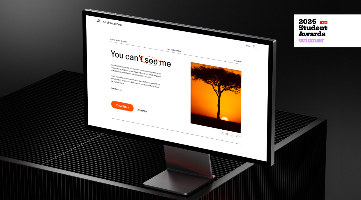 Desktop monitor displaying an Art of Visual Data article titled “You can’t see me,” featuring an orange-toned photograph of a silhouetted tree and a 2025 Student Awards winner badge.