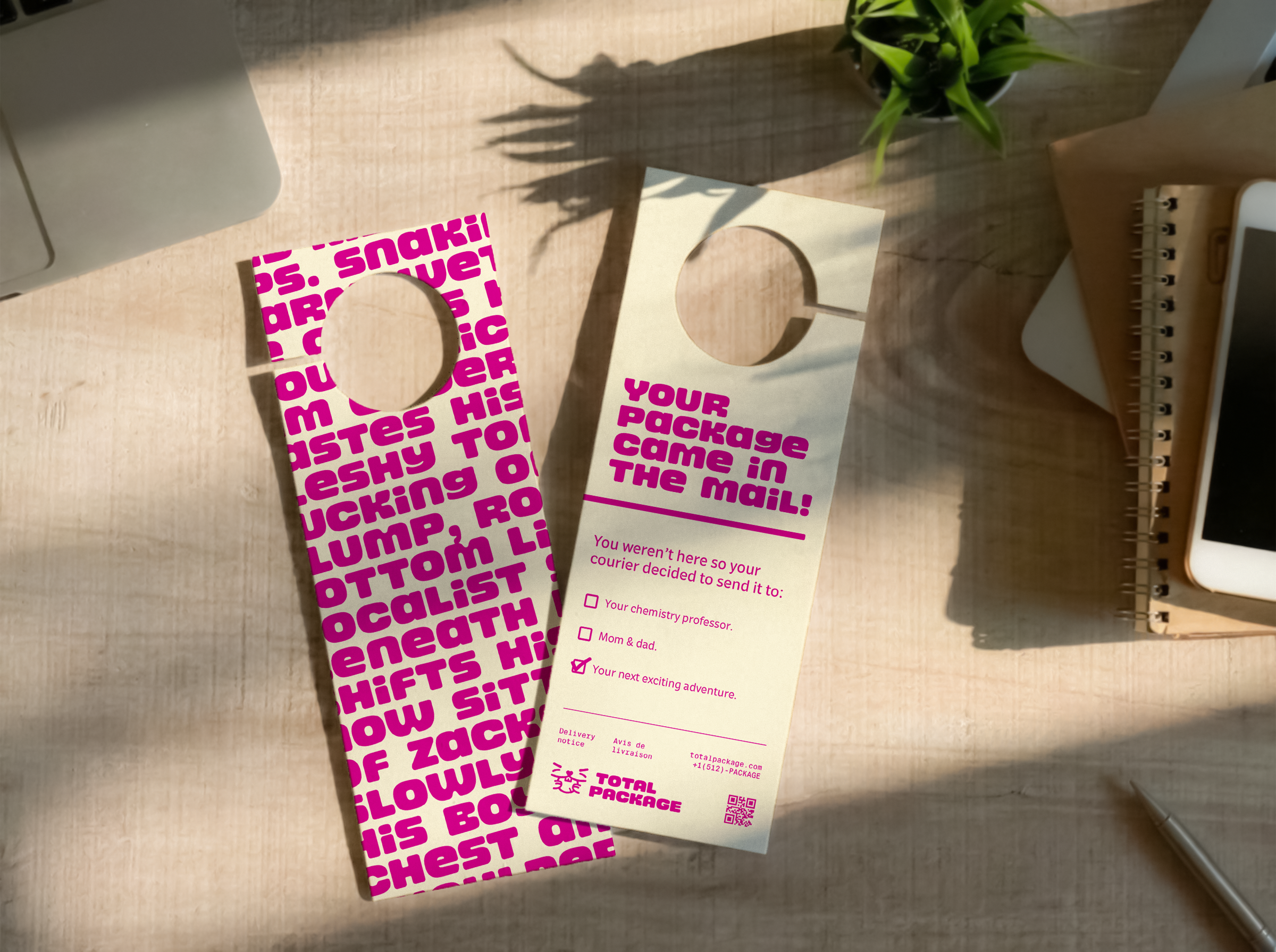 Top-down view of a bold pink-and-white mailer reading “Your package came in the mail,” on a sunlit desk beside a plant and notebook.