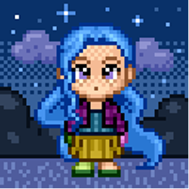 8 bit image of a girl with long blue hair.