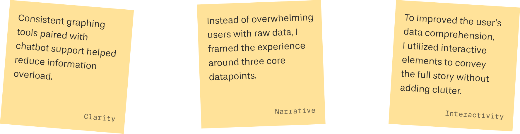 Three yellow sticky notes on a black background present an instructional UX message about clarity, narrative, and interactivity to reduce information overload.